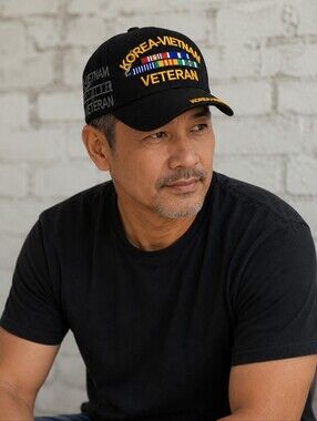 Korea-Vietnam Veteran, Service Ribbons, Black Cap, Adjustable